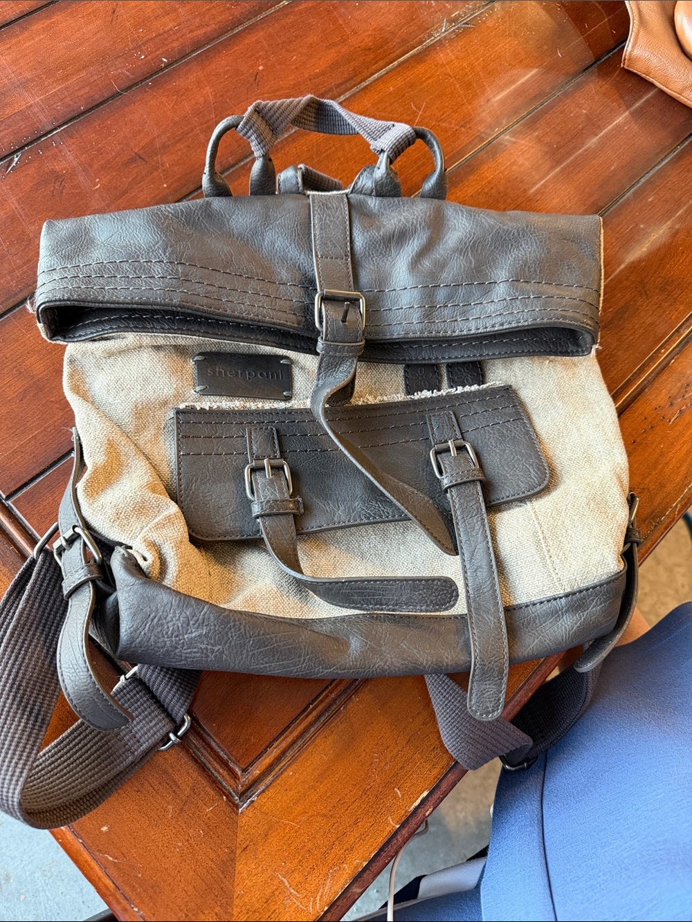 Sherpani Brown and Tan Canvas Leather Roll-Top Backpack